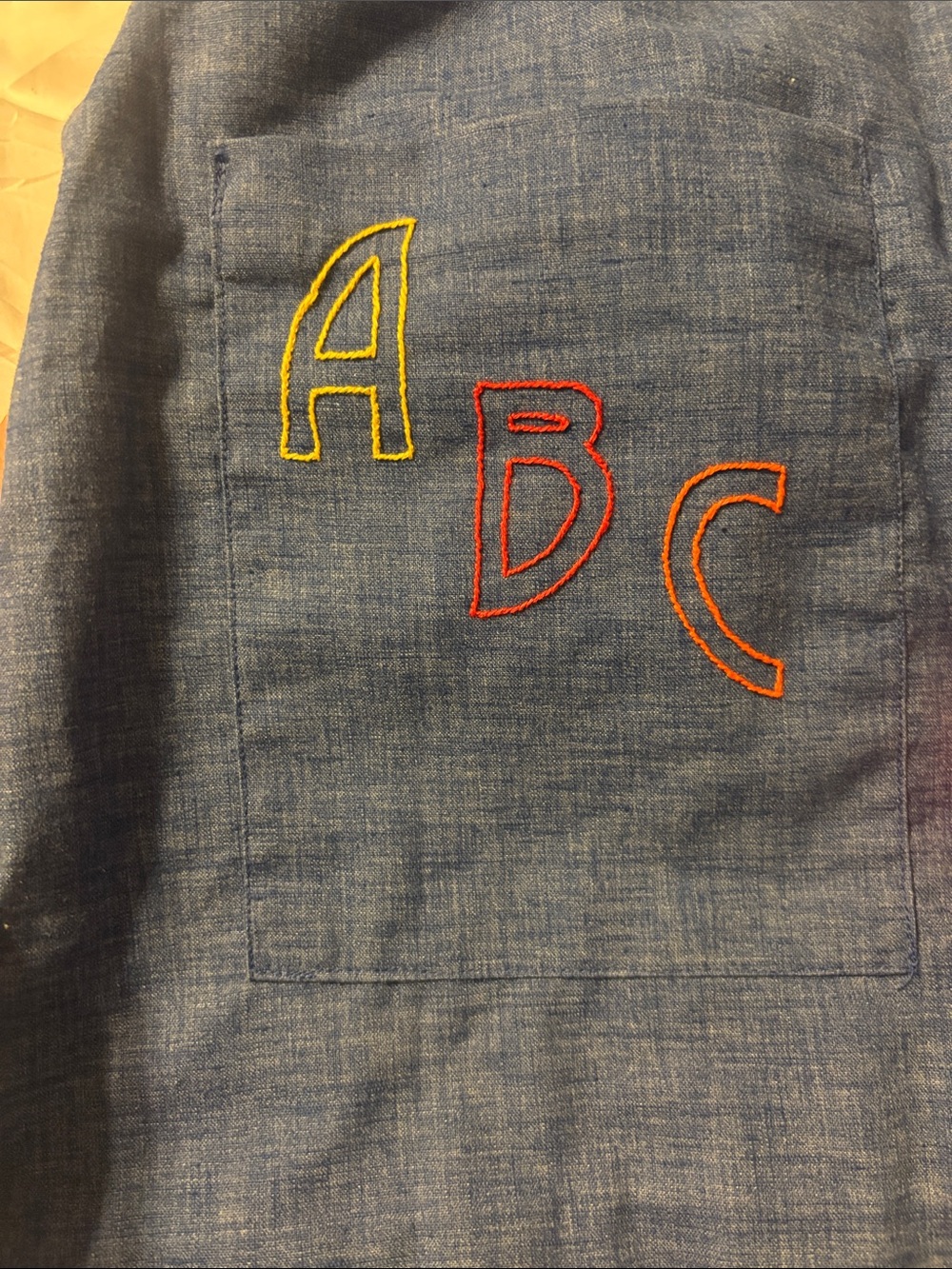 Hand-Made Chambray Drawstring Pocket Skirt with Apple and ABC Embroidery - Picture 4 of 5
